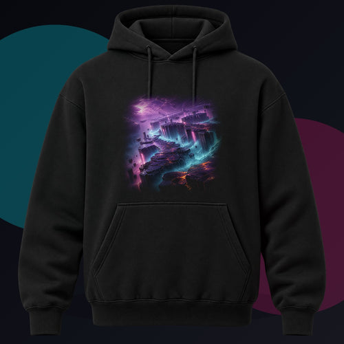 Basalt Prism Weather original KOSVYRE design on a black hoodie against a graphite studio background