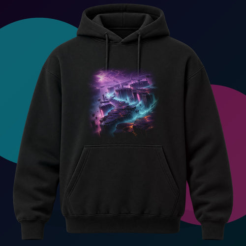 Basalt Prism Weather original KOSVYRE design on a black hoodie with cyan and violet studio lighting