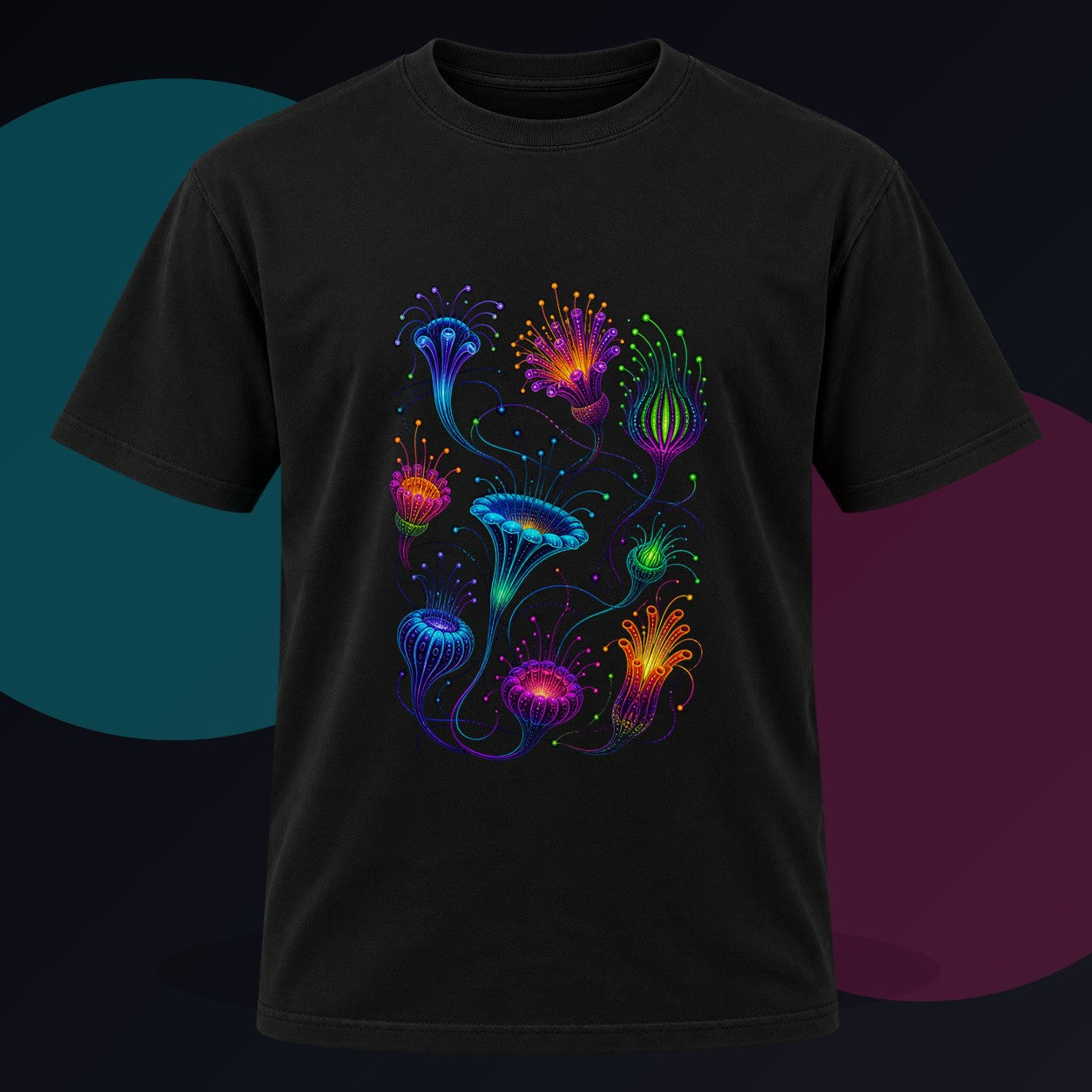 Blacklight Bloom Relay original KOSVYRE design on a black graphic tee against a graphite studio background