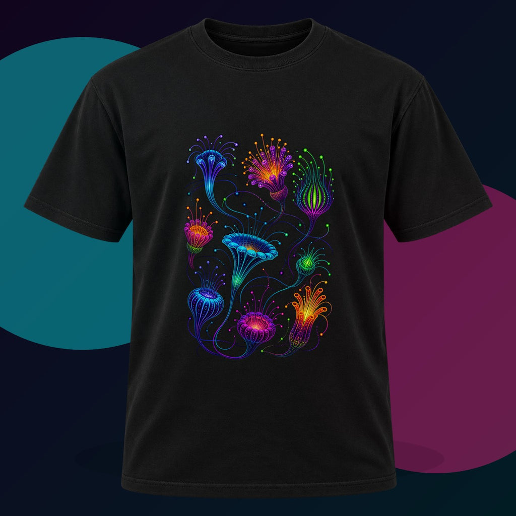 Blacklight Bloom Relay original KOSVYRE design on a black graphic tee with cyan and violet studio lighting