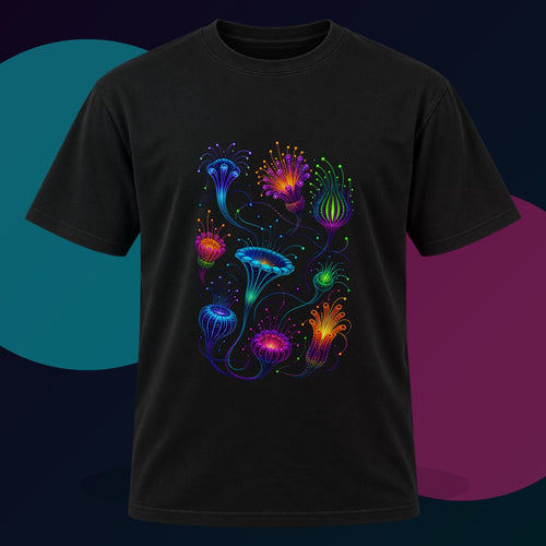 Blacklight Bloom Relay original KOSVYRE design on a black graphic tee with cyan and violet studio lighting