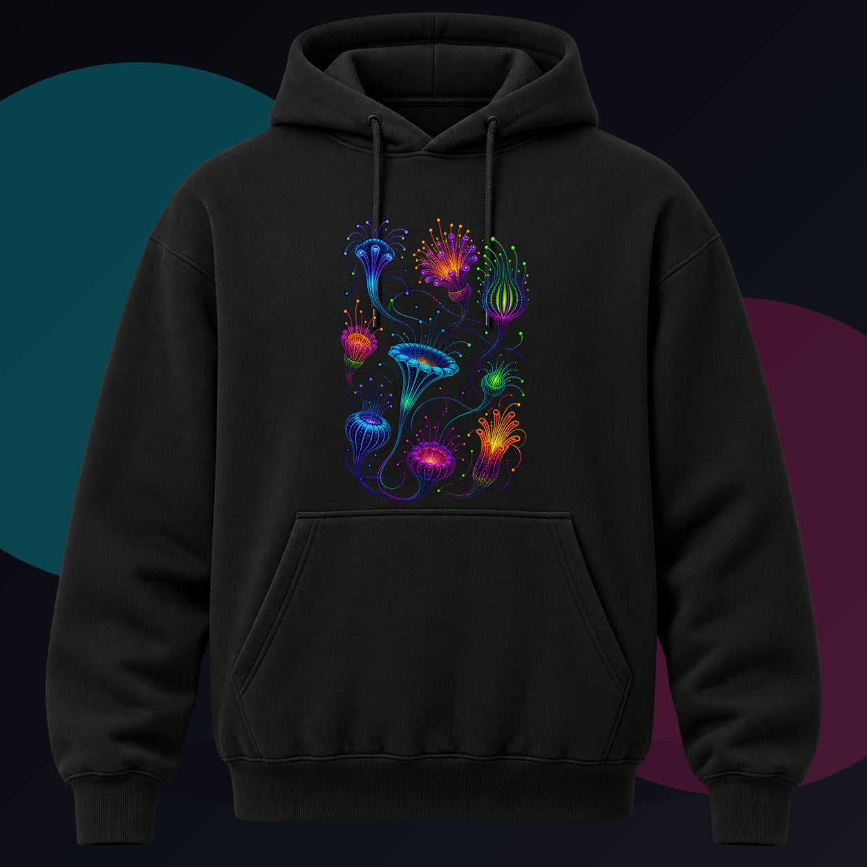 Blacklight Bloom Relay original KOSVYRE design on a black hoodie against a graphite studio background