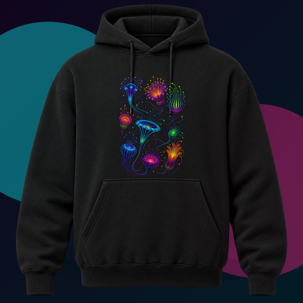 Blacklight Bloom Relay original KOSVYRE design on a black hoodie with cyan and violet studio lighting