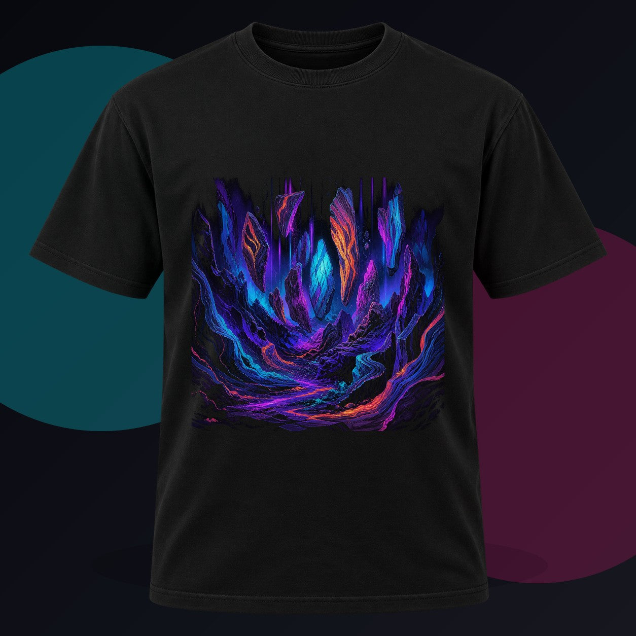 Blacklight Quarry Choir original KOSVYRE design on a black graphic tee against a graphite studio background