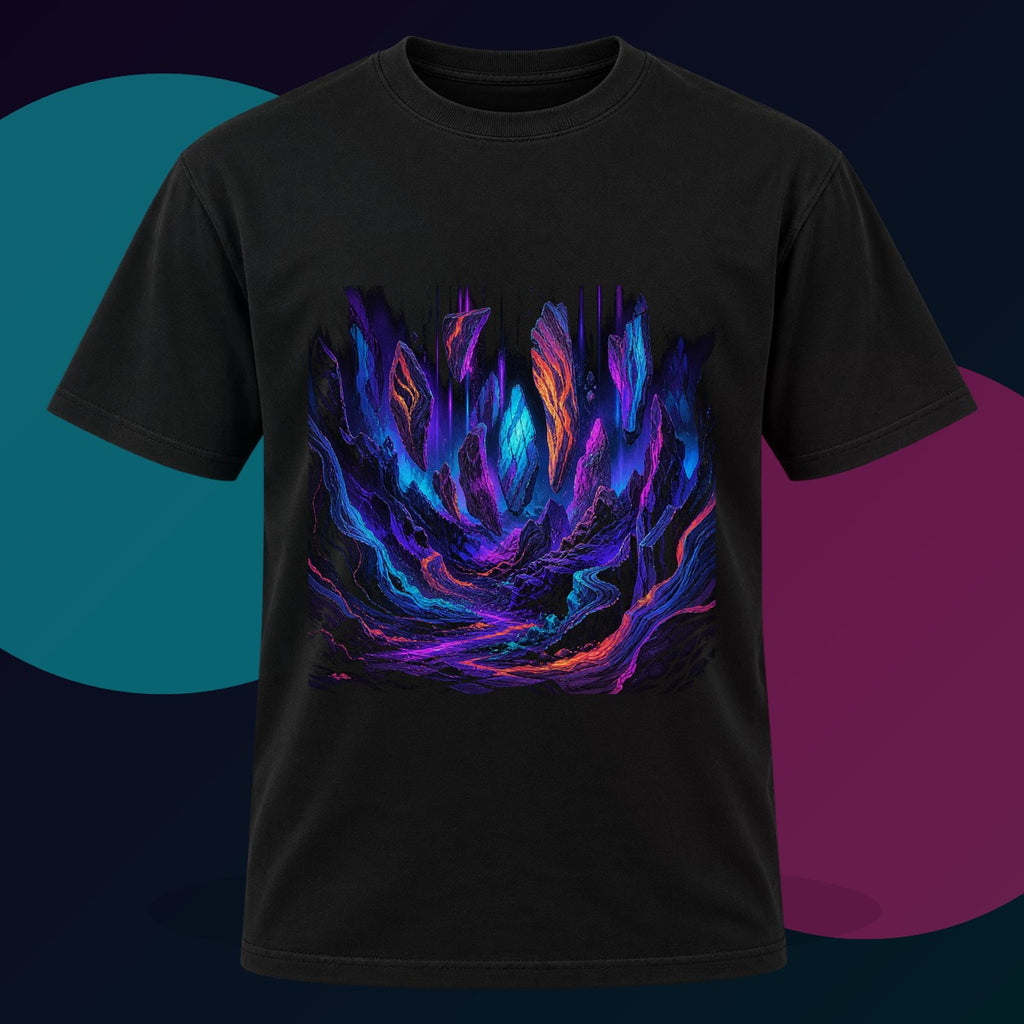 Blacklight Quarry Choir original KOSVYRE design on a black graphic tee with cyan and violet studio lighting