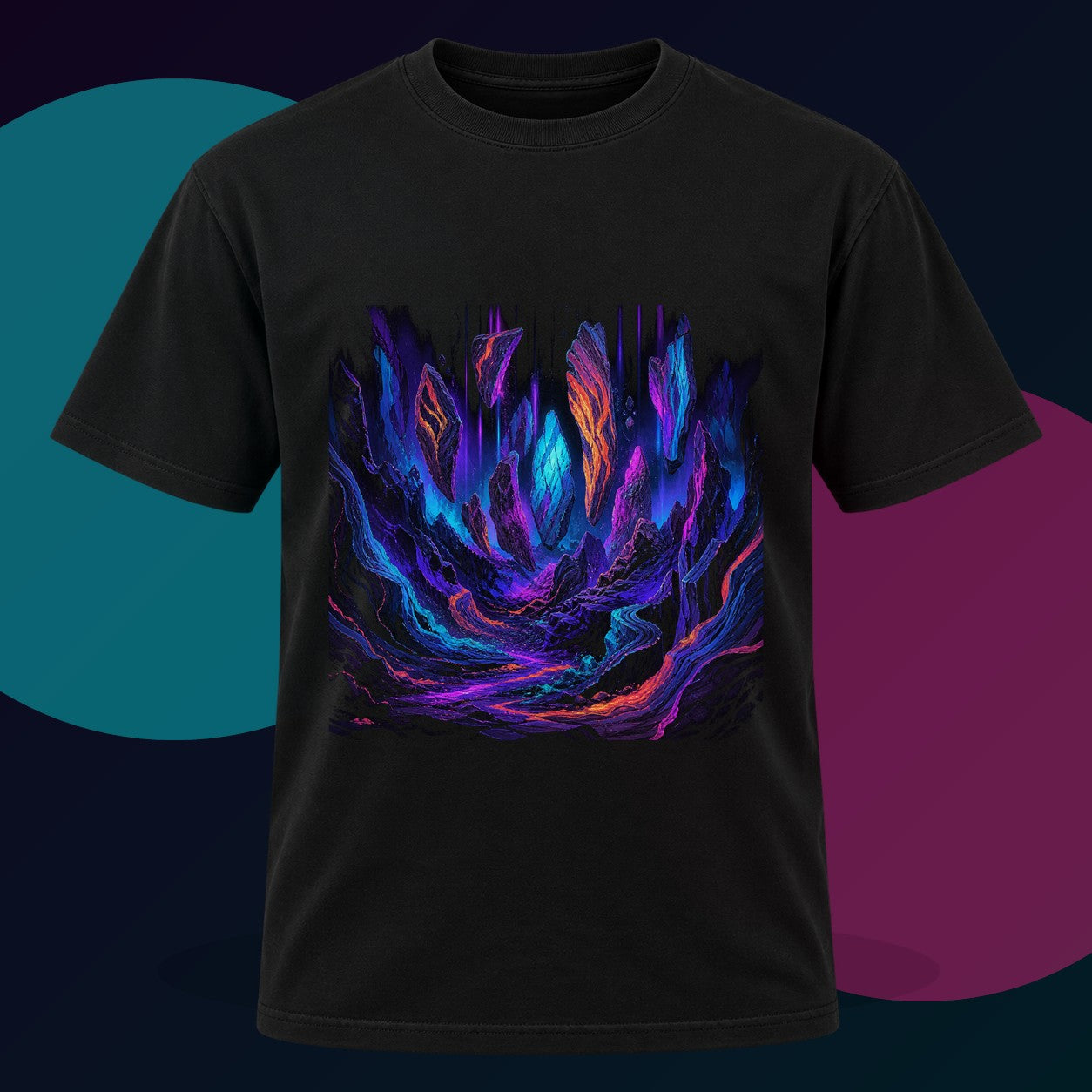 Blacklight Quarry Choir original KOSVYRE design on a black graphic tee with cyan and violet studio lighting