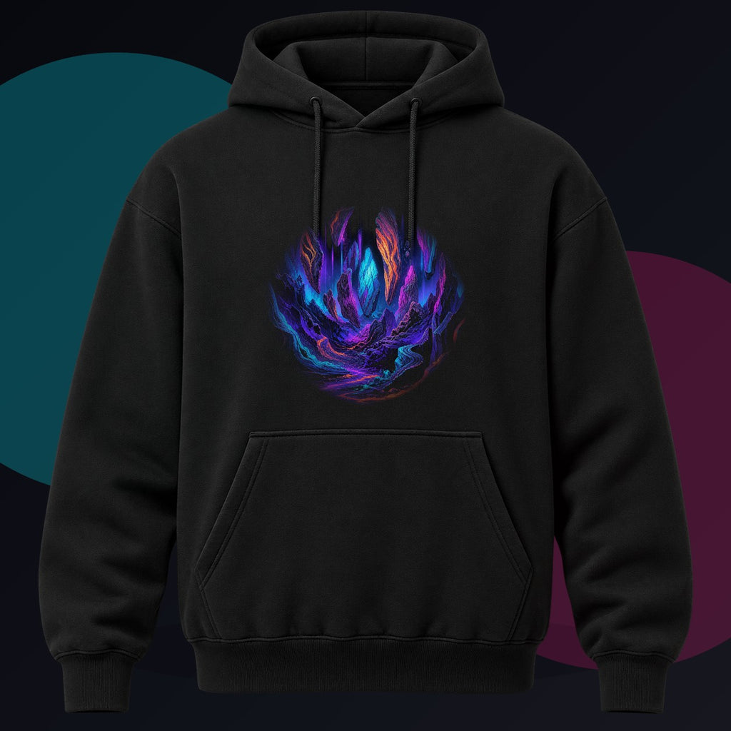 Blacklight Quarry Choir original KOSVYRE design on a black hoodie against a graphite studio background