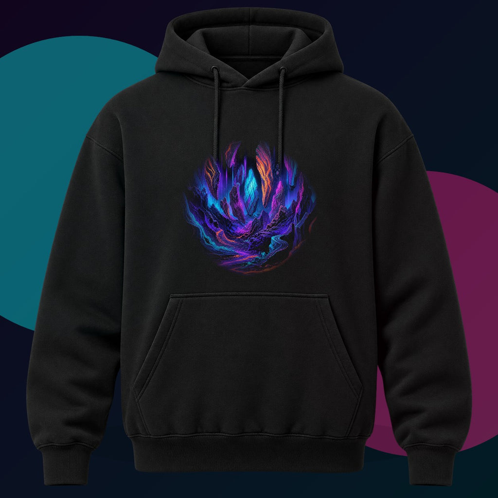 Blacklight Quarry Choir original KOSVYRE design on a black hoodie with cyan and violet studio lighting
