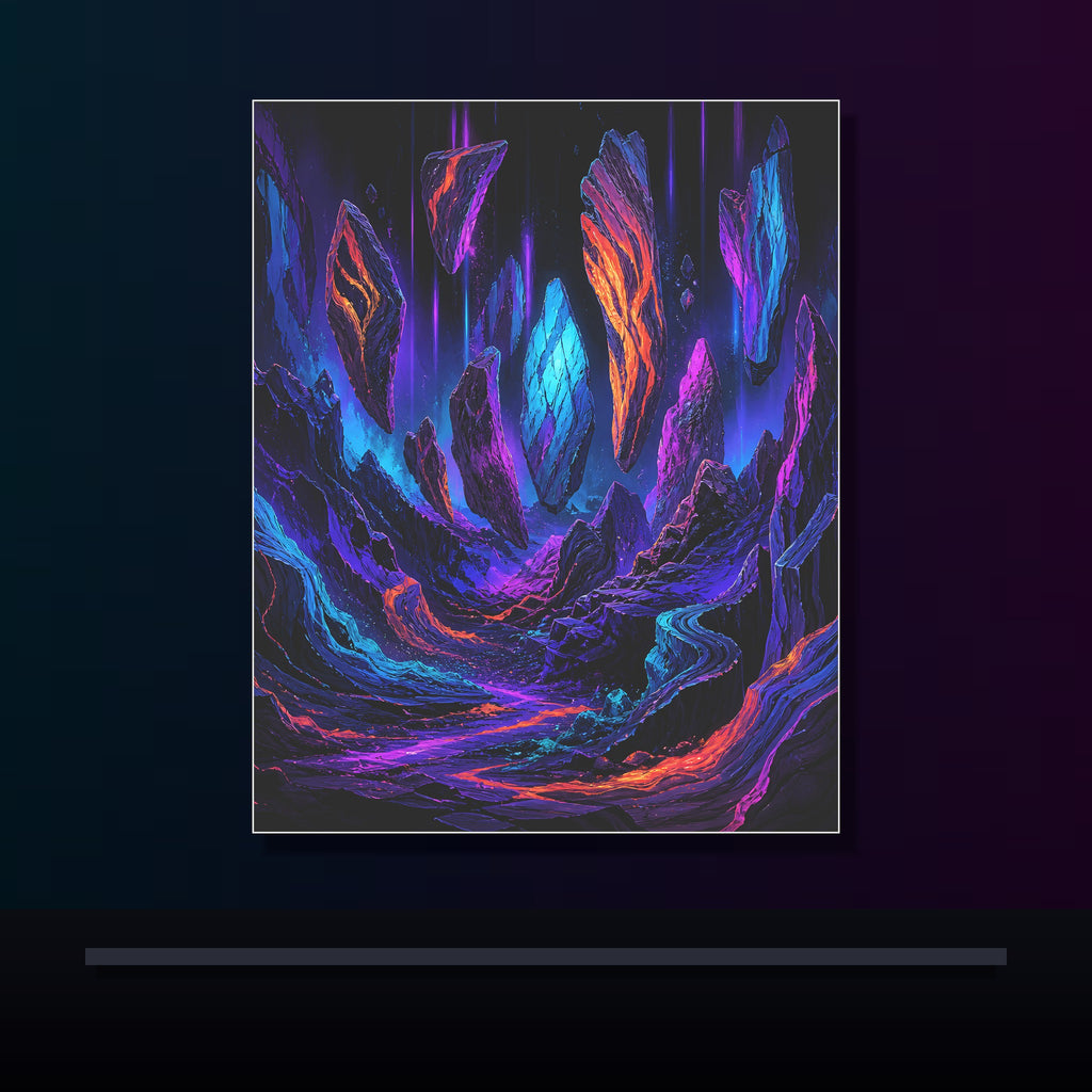 Blacklight Quarry Choir original KOSVYRE poster displayed in a dark psychedelic gallery setting