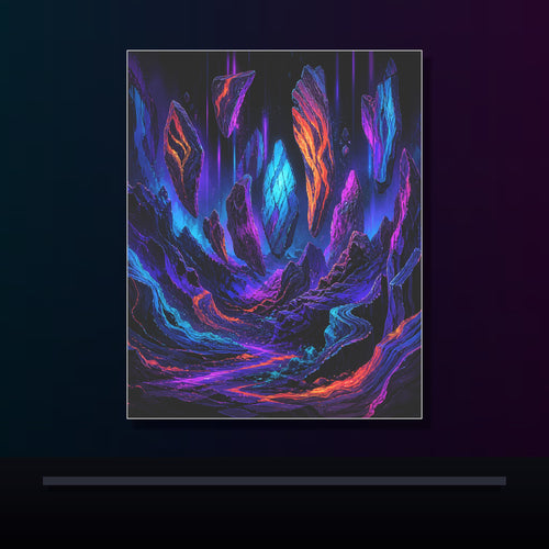Blacklight Quarry Choir original KOSVYRE poster displayed in a dark psychedelic gallery setting