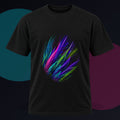 Blacklight Quill Array original KOSVYRE design on a black graphic tee against a graphite studio background