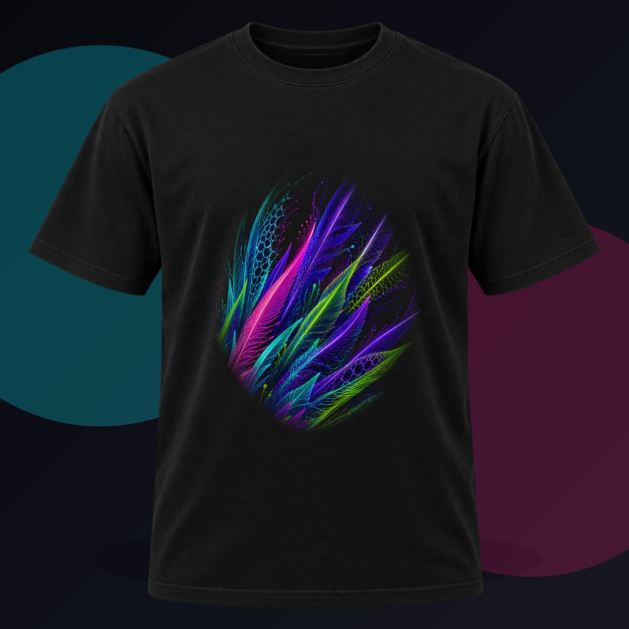 Blacklight Quill Array original KOSVYRE design on a black graphic tee against a graphite studio background