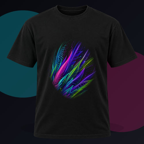 Blacklight Quill Array original KOSVYRE design on a black graphic tee against a graphite studio background