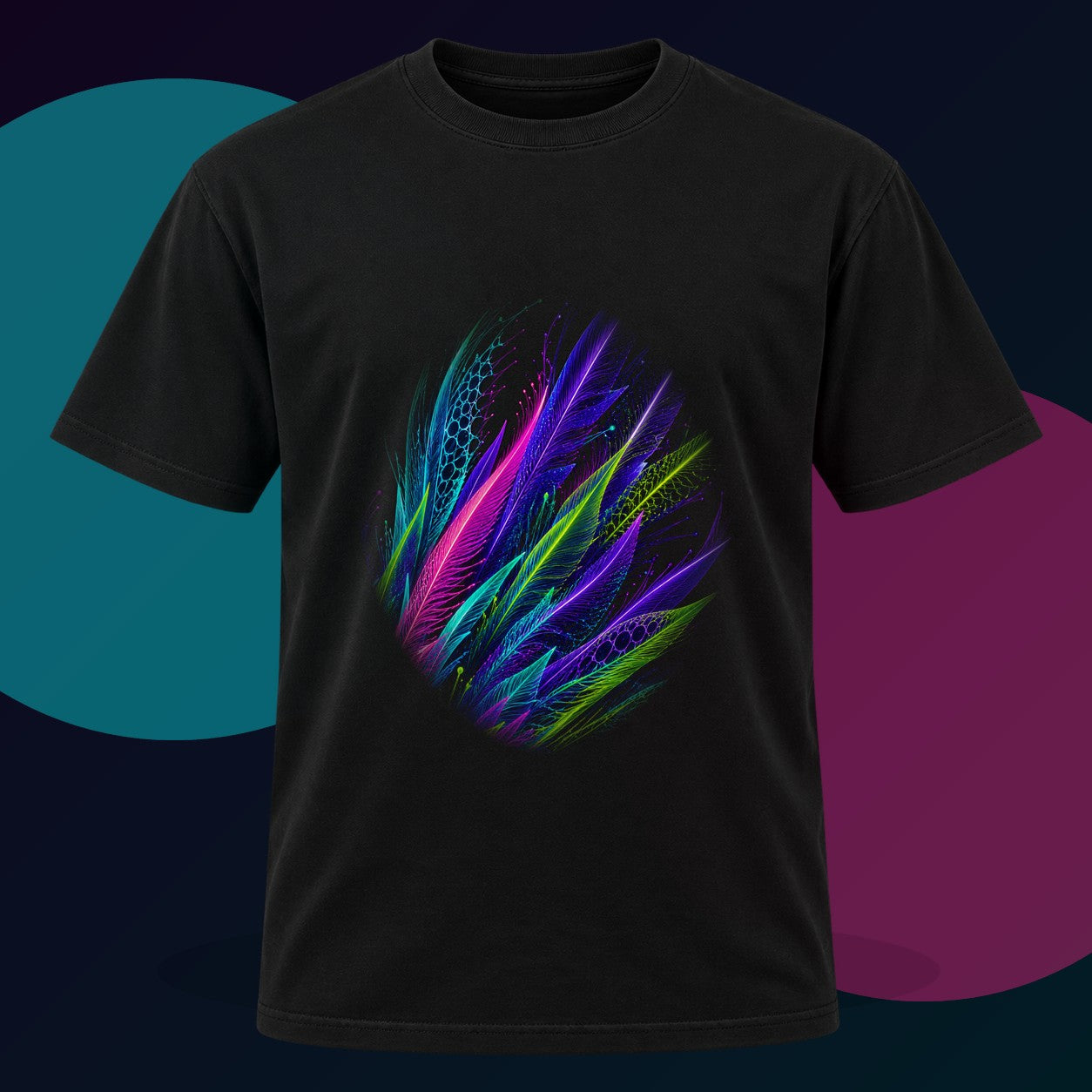 Blacklight Quill Array original KOSVYRE design on a black graphic tee with cyan and violet studio lighting