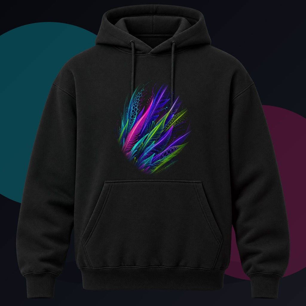 Blacklight Quill Array original KOSVYRE design on a black hoodie against a graphite studio background
