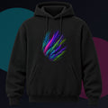 Blacklight Quill Array original KOSVYRE design on a black hoodie against a graphite studio background