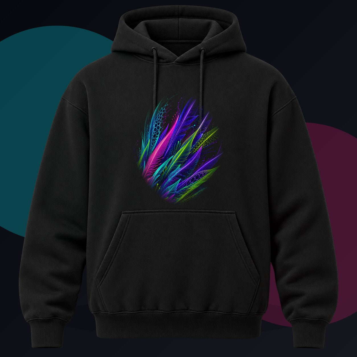 Blacklight Quill Array original KOSVYRE design on a black hoodie against a graphite studio background