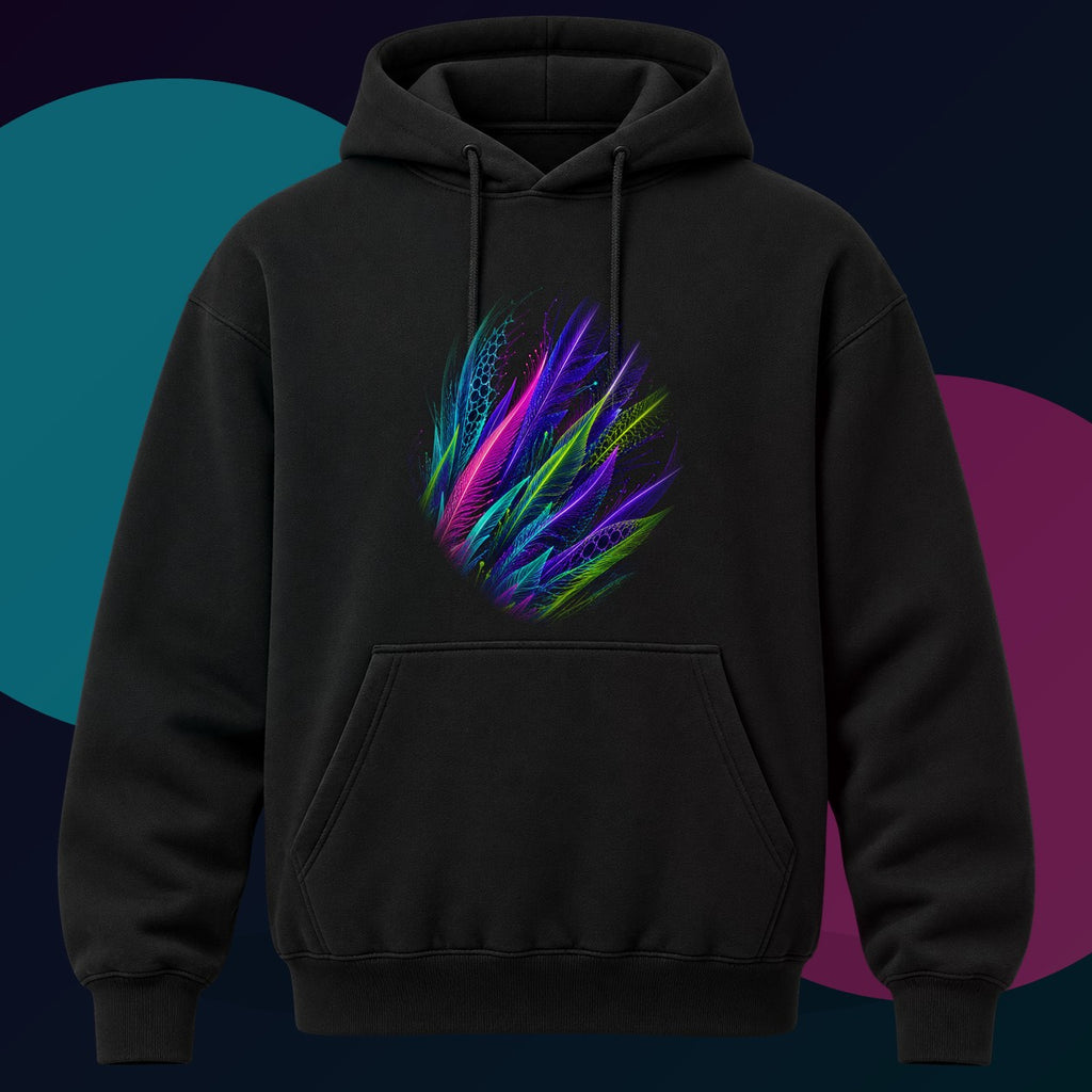 Blacklight Quill Array original KOSVYRE design on a black hoodie with cyan and violet studio lighting