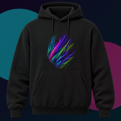 Blacklight Quill Array original KOSVYRE design on a black hoodie with cyan and violet studio lighting