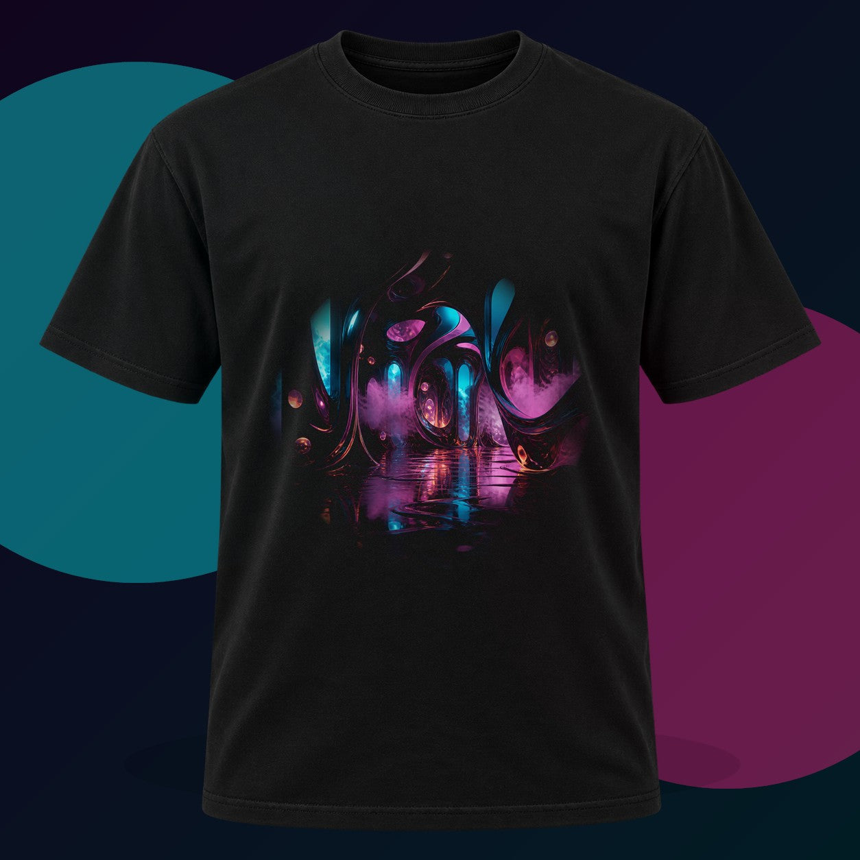 Blackwater Ribbon Hall original KOSVYRE design on a black graphic tee with cyan and violet studio lighting