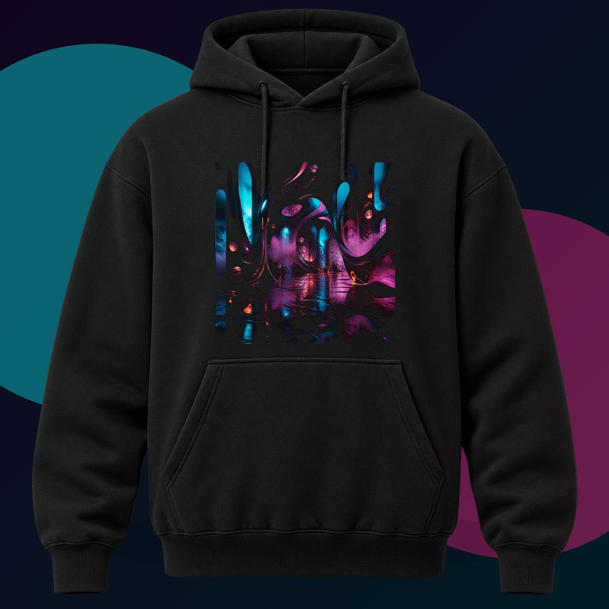 Blackwater Ribbon Hall original KOSVYRE design on a black hoodie with cyan and violet studio lighting