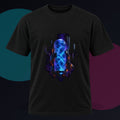 Blue Noise Reliquary original KOSVYRE design on a black graphic tee against a graphite studio background