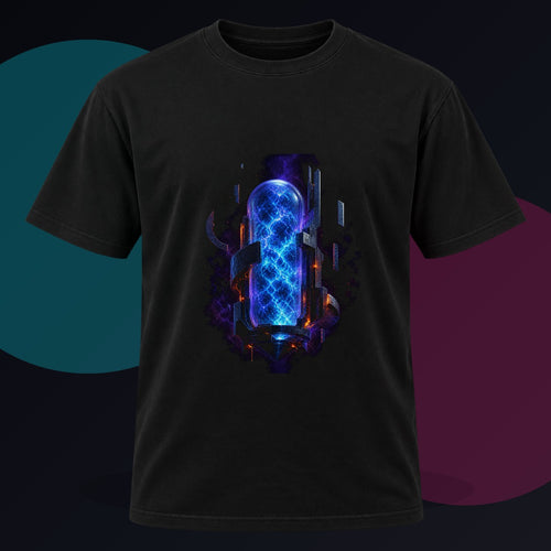 Blue Noise Reliquary original KOSVYRE design on a black graphic tee against a graphite studio background