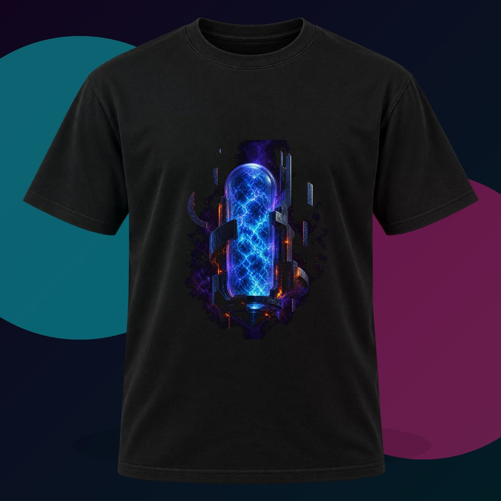Blue Noise Reliquary original KOSVYRE design on a black graphic tee with cyan and violet studio lighting