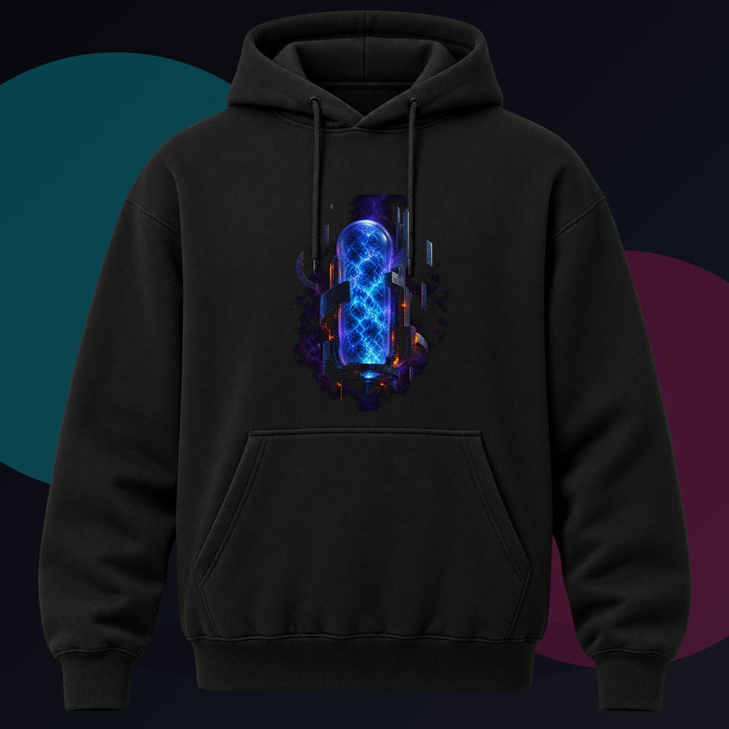 Blue Noise Reliquary original KOSVYRE design on a black hoodie against a graphite studio background