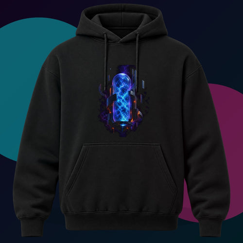 Blue Noise Reliquary original KOSVYRE design on a black hoodie with cyan and violet studio lighting