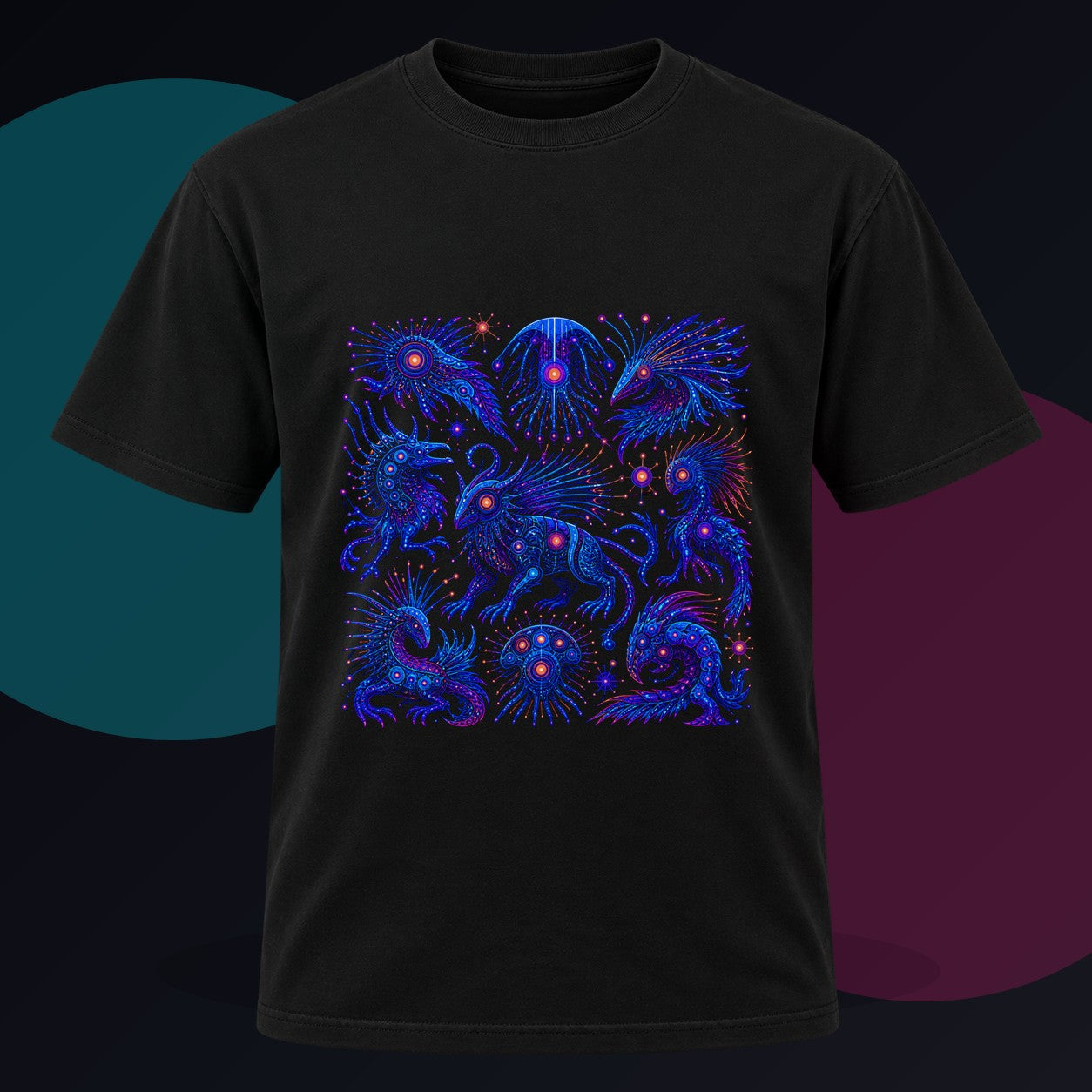 Blue Static Menagerie original KOSVYRE design on a black graphic tee against a graphite studio background