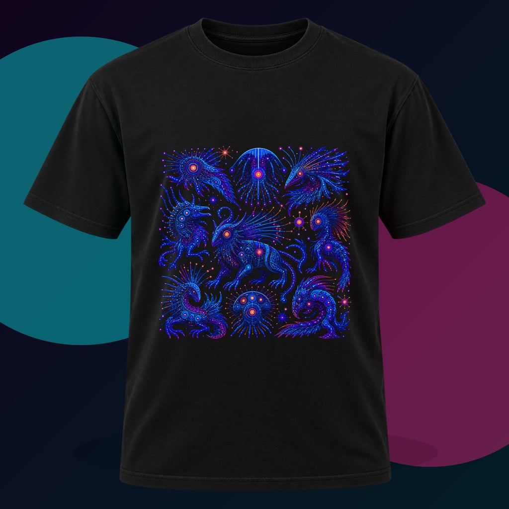 Blue Static Menagerie original KOSVYRE design on a black graphic tee with cyan and violet studio lighting