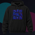 Blue Static Menagerie original KOSVYRE design on a black hoodie against a graphite studio background