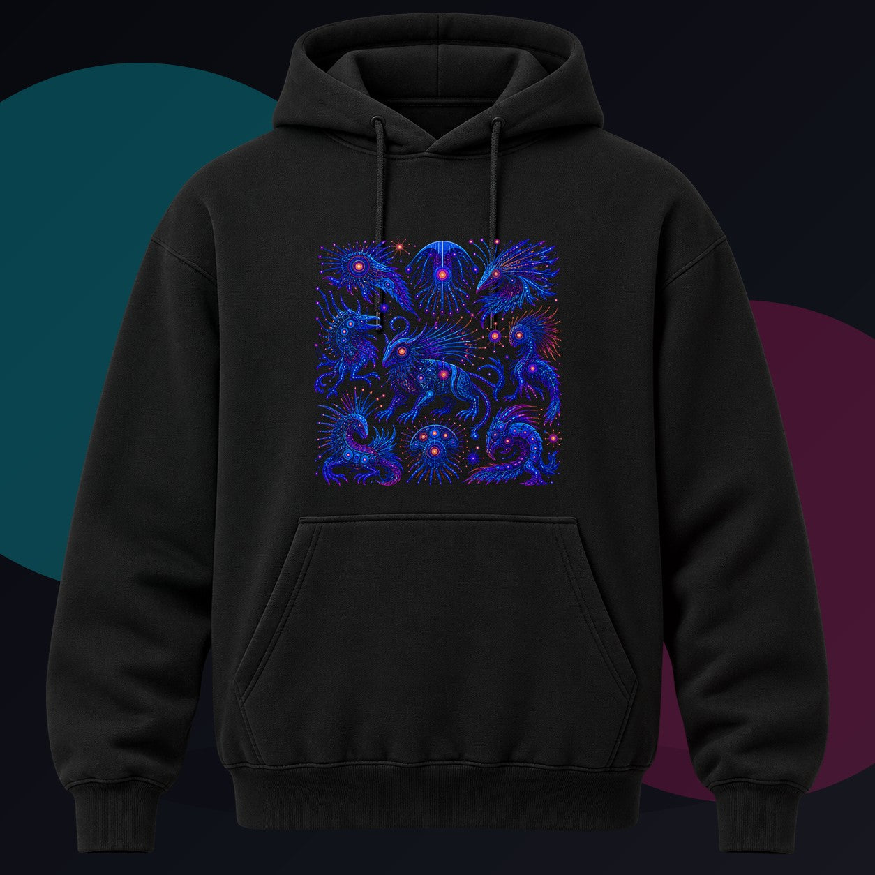Blue Static Menagerie original KOSVYRE design on a black hoodie against a graphite studio background