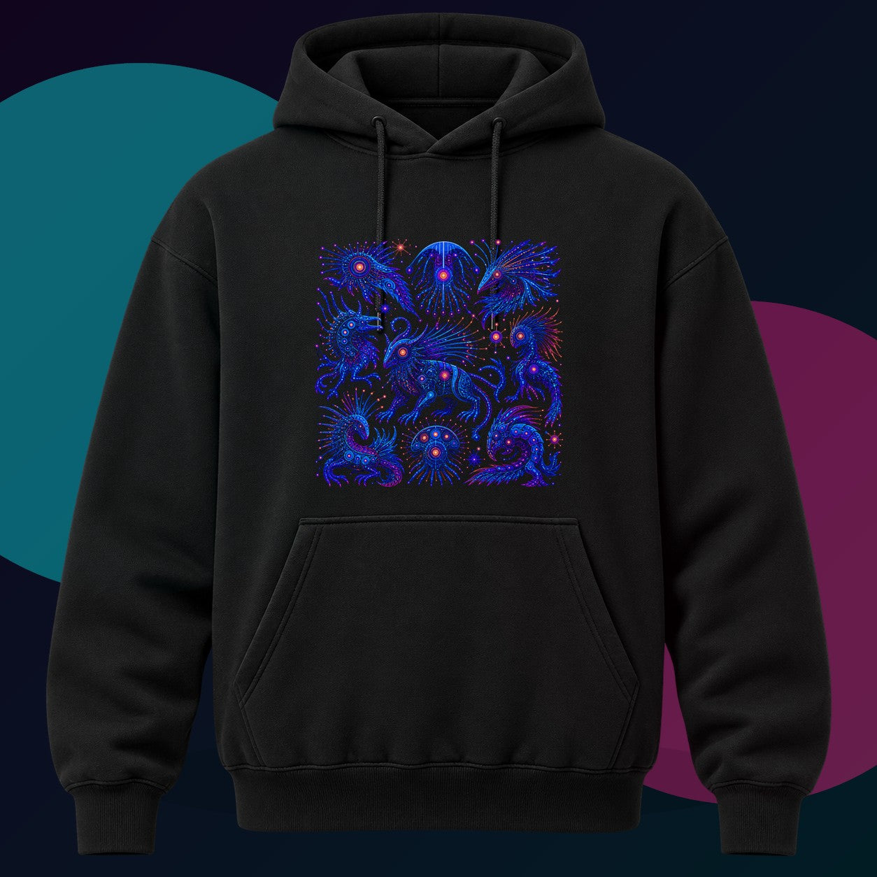 Blue Static Menagerie original KOSVYRE design on a black hoodie with cyan and violet studio lighting