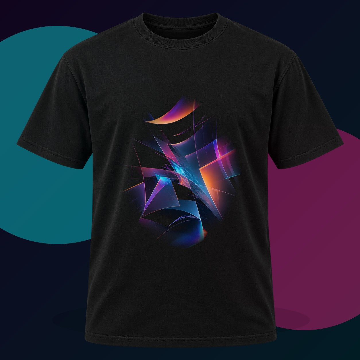 Broken Lens Choir original KOSVYRE design on a black graphic tee with cyan and violet studio lighting