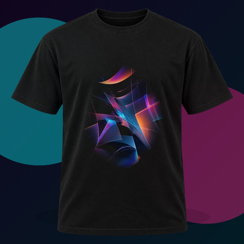 Broken Lens Choir original KOSVYRE design on a black graphic tee with cyan and violet studio lighting