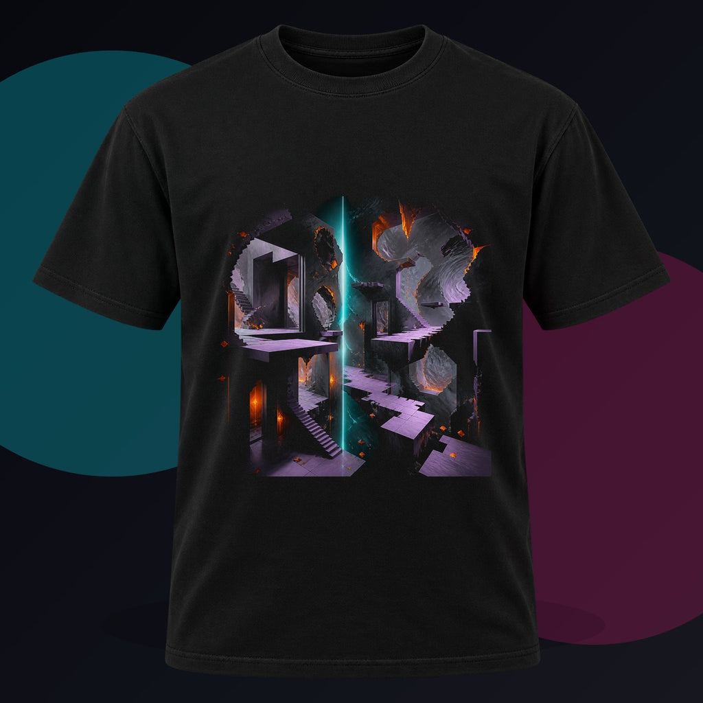 Broken Meridian Room original KOSVYRE design on a black graphic tee against a graphite studio background