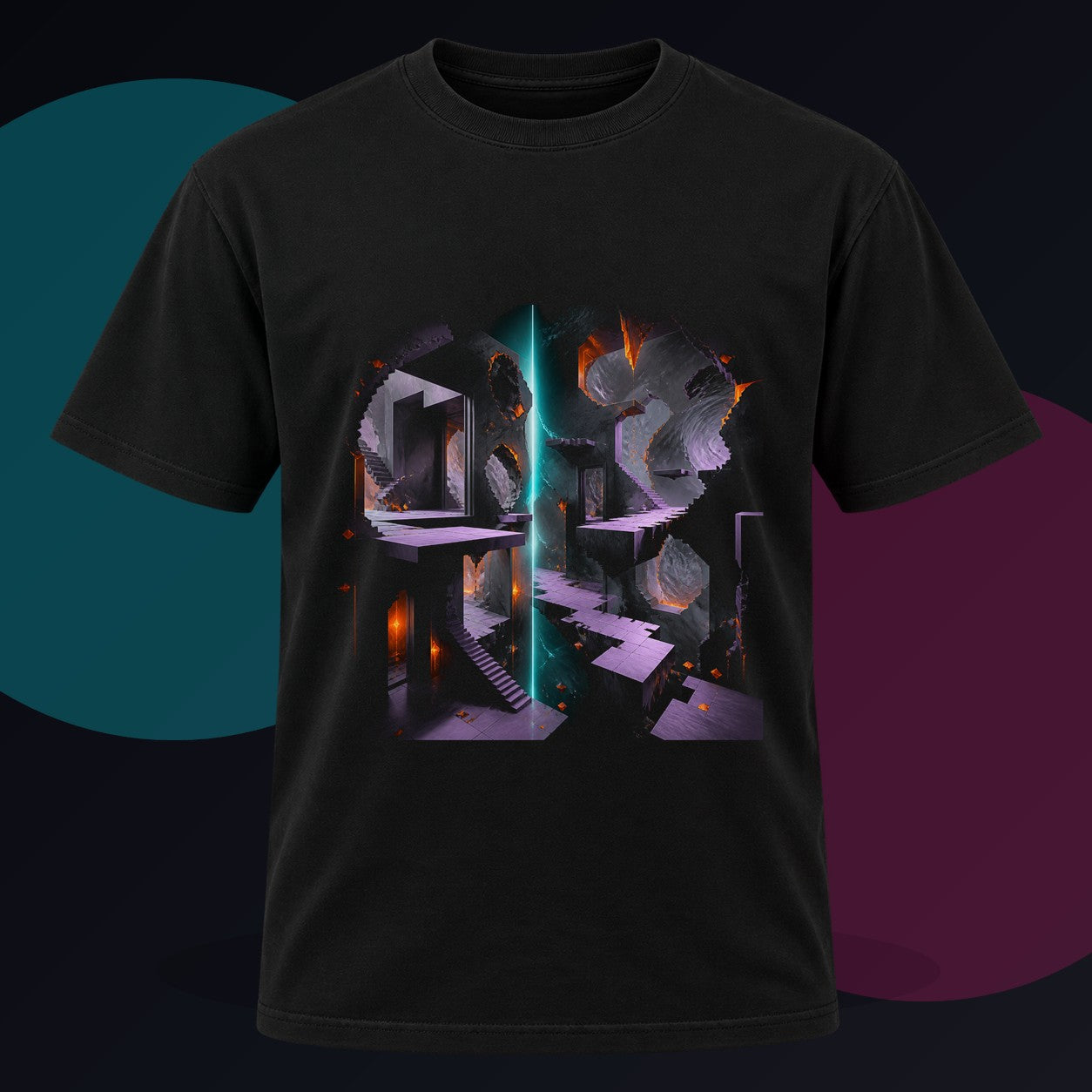 Broken Meridian Room original KOSVYRE design on a black graphic tee against a graphite studio background