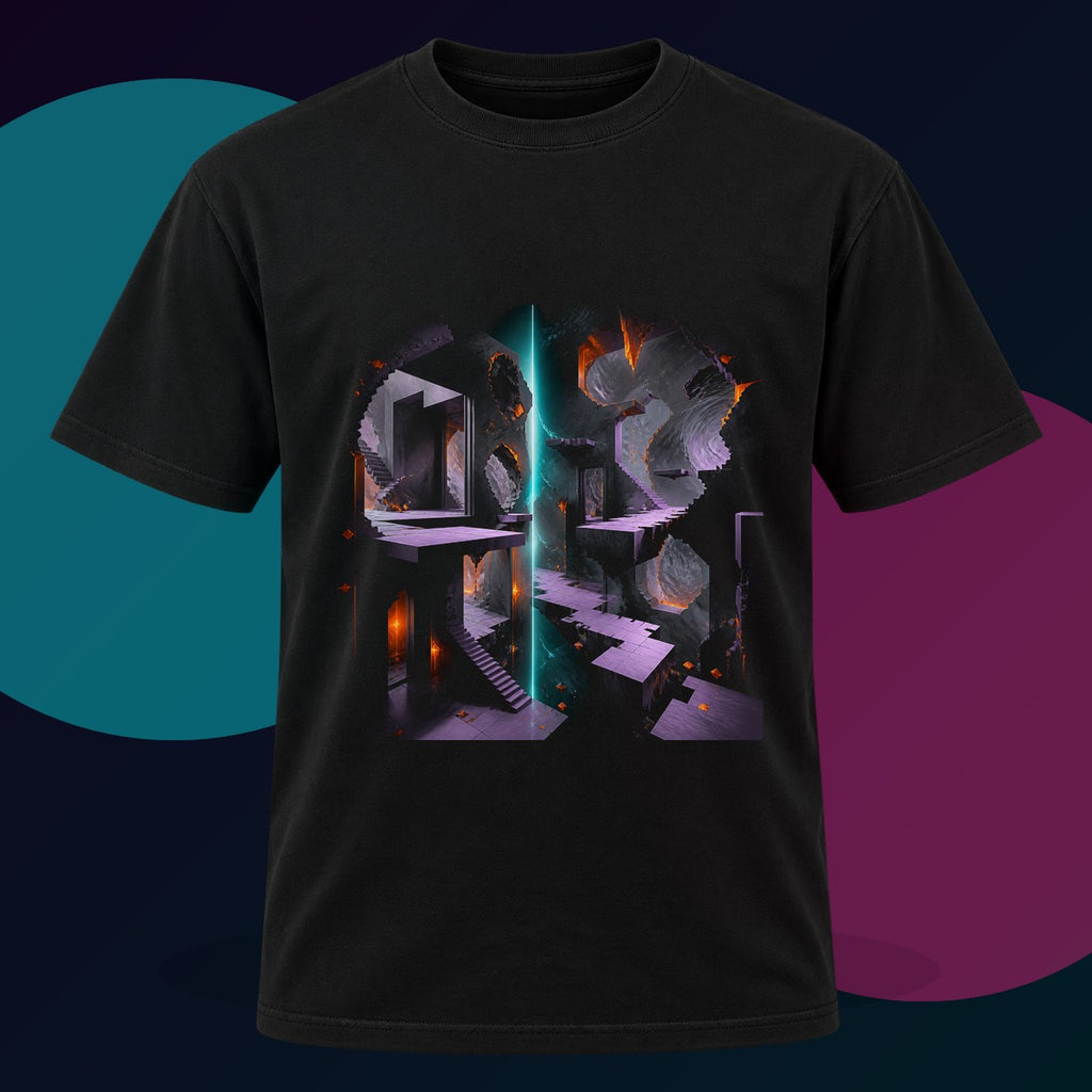 Broken Meridian Room original KOSVYRE design on a black graphic tee with cyan and violet studio lighting