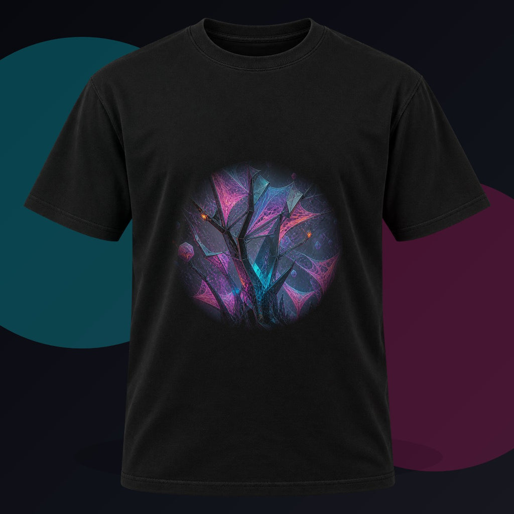 Catalyst Thicket original KOSVYRE design on a black graphic tee against a graphite studio background