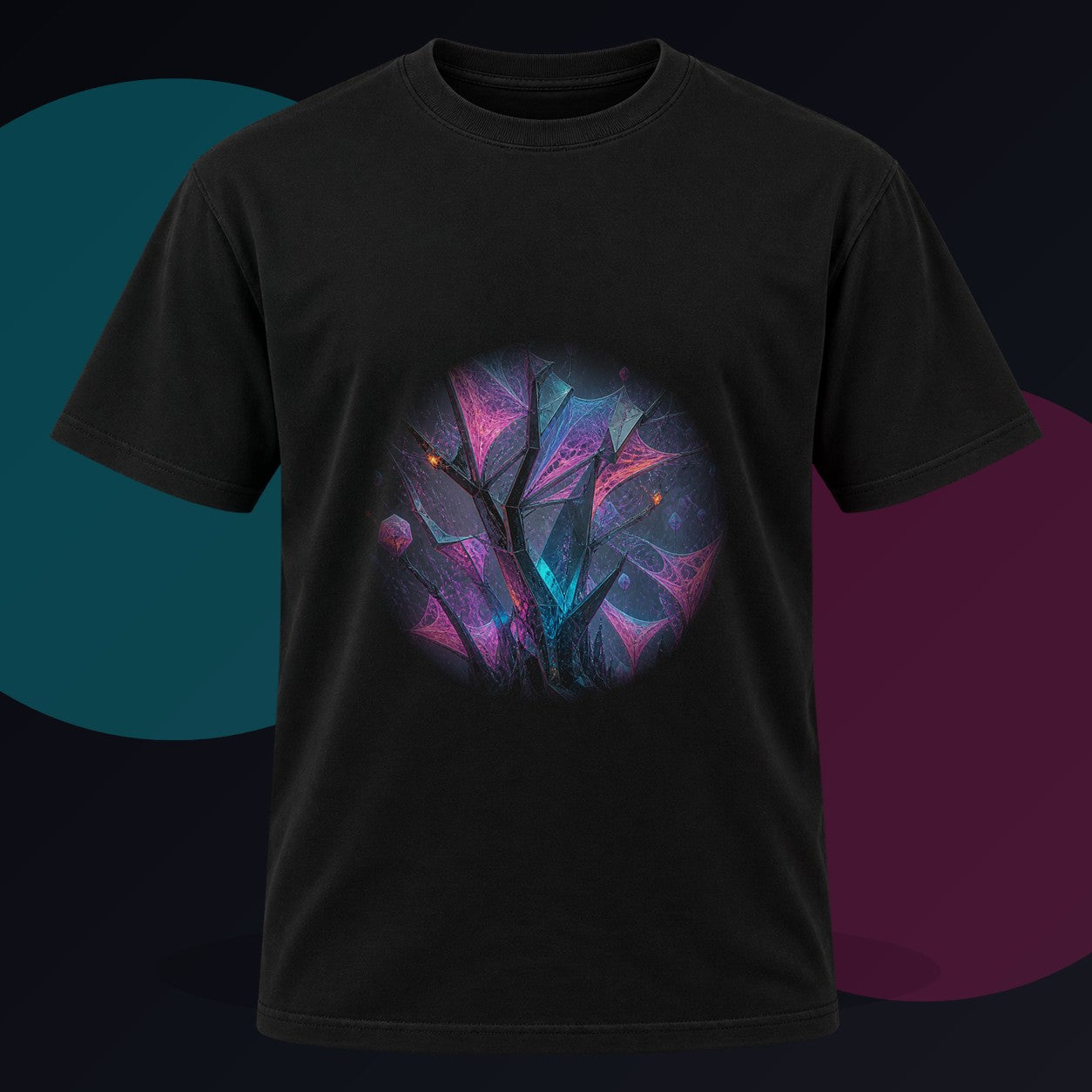 Catalyst Thicket original KOSVYRE design on a black graphic tee against a graphite studio background