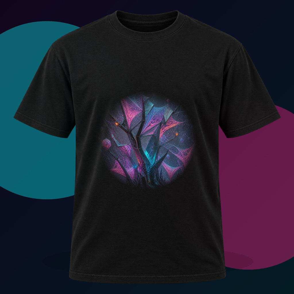 Catalyst Thicket original KOSVYRE design on a black graphic tee with cyan and violet studio lighting