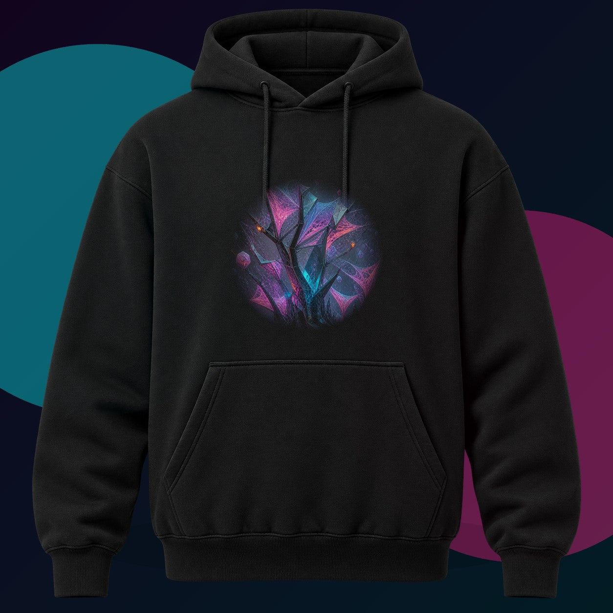 Catalyst Thicket original KOSVYRE design on a black hoodie with cyan and violet studio lighting
