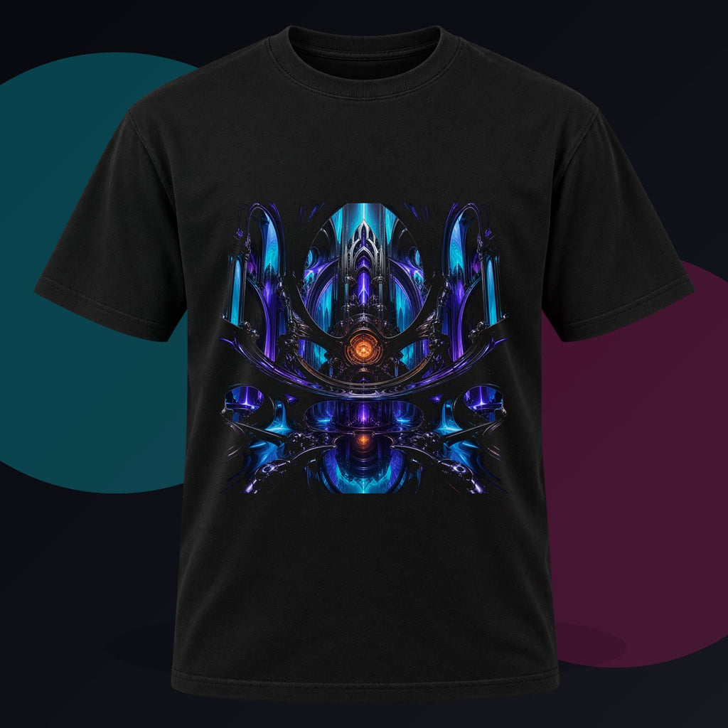 Cathedral of Soft Machines original KOSVYRE design on a black graphic tee against a graphite studio background