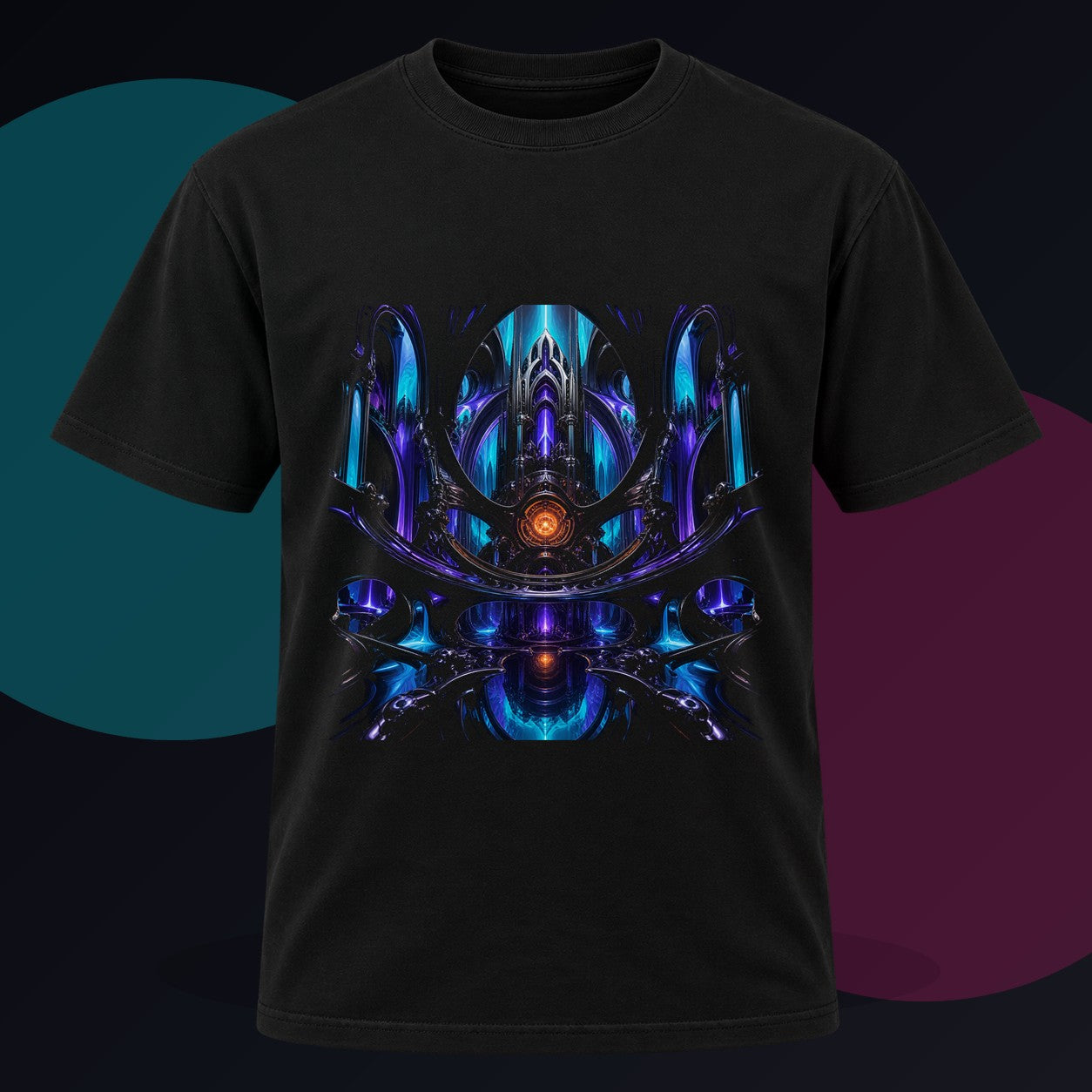 Cathedral of Soft Machines original KOSVYRE design on a black graphic tee against a graphite studio background