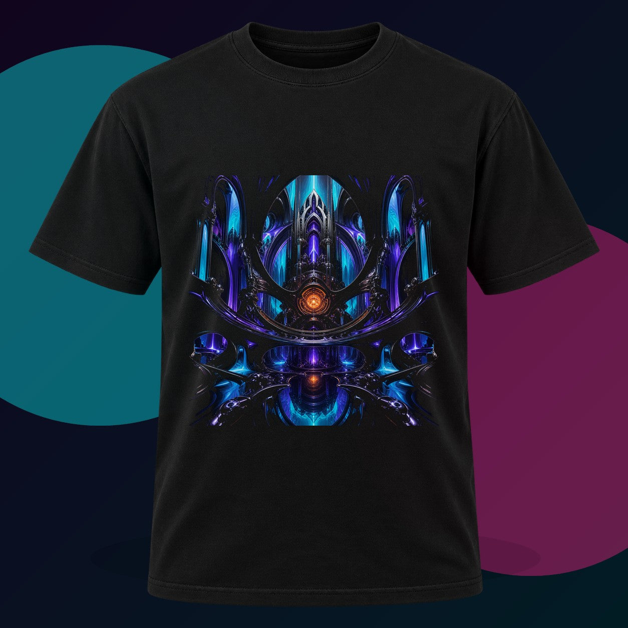 Cathedral of Soft Machines original KOSVYRE design on a black graphic tee with cyan and violet studio lighting