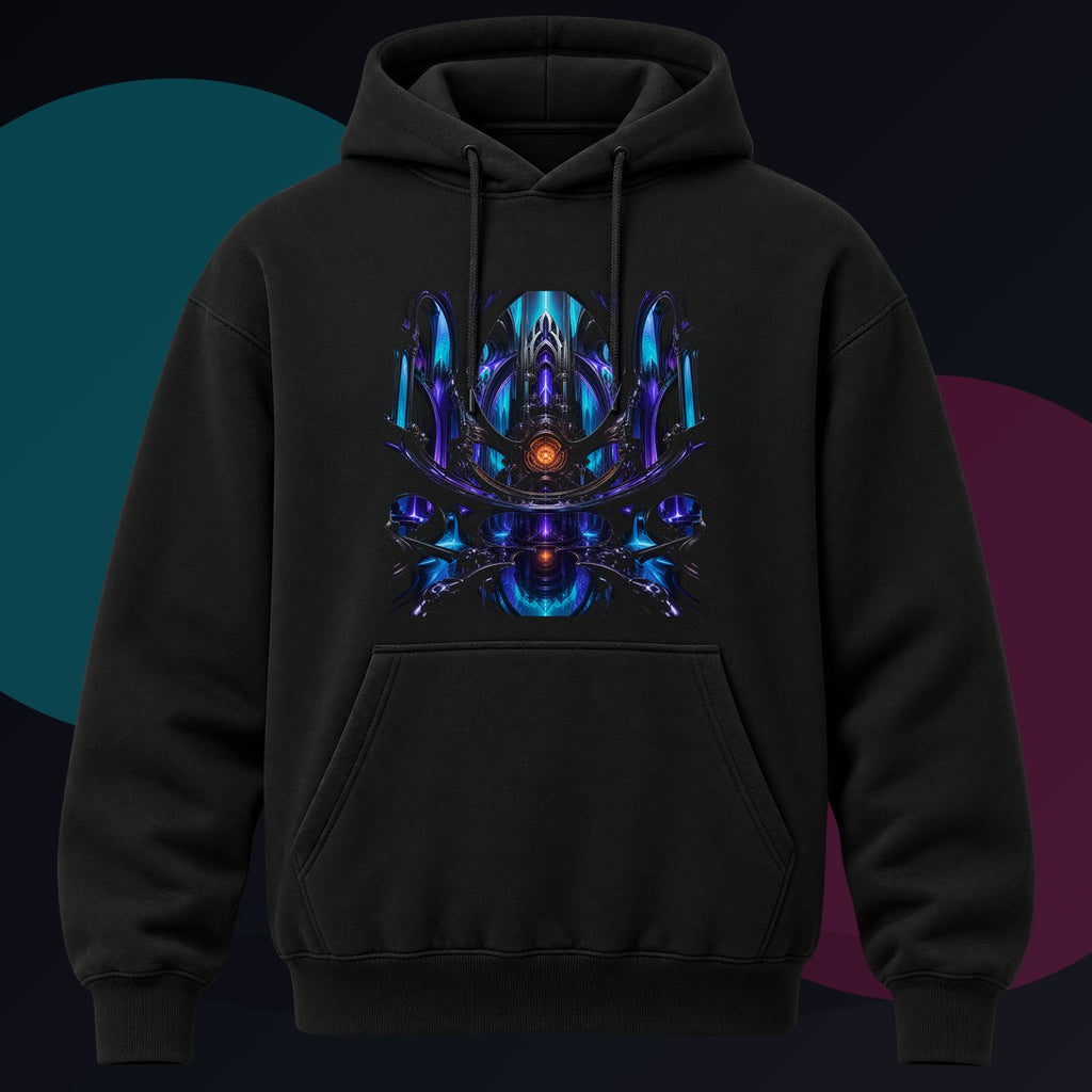 Cathedral of Soft Machines original KOSVYRE design on a black hoodie against a graphite studio background
