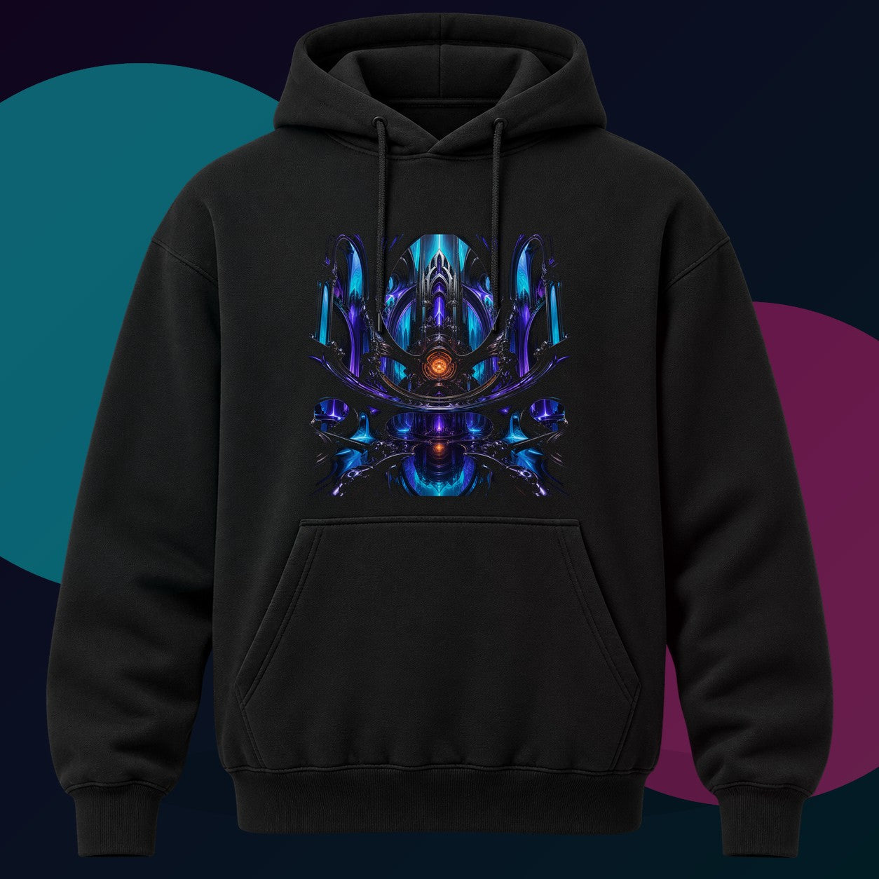 Cathedral of Soft Machines original KOSVYRE design on a black hoodie with cyan and violet studio lighting