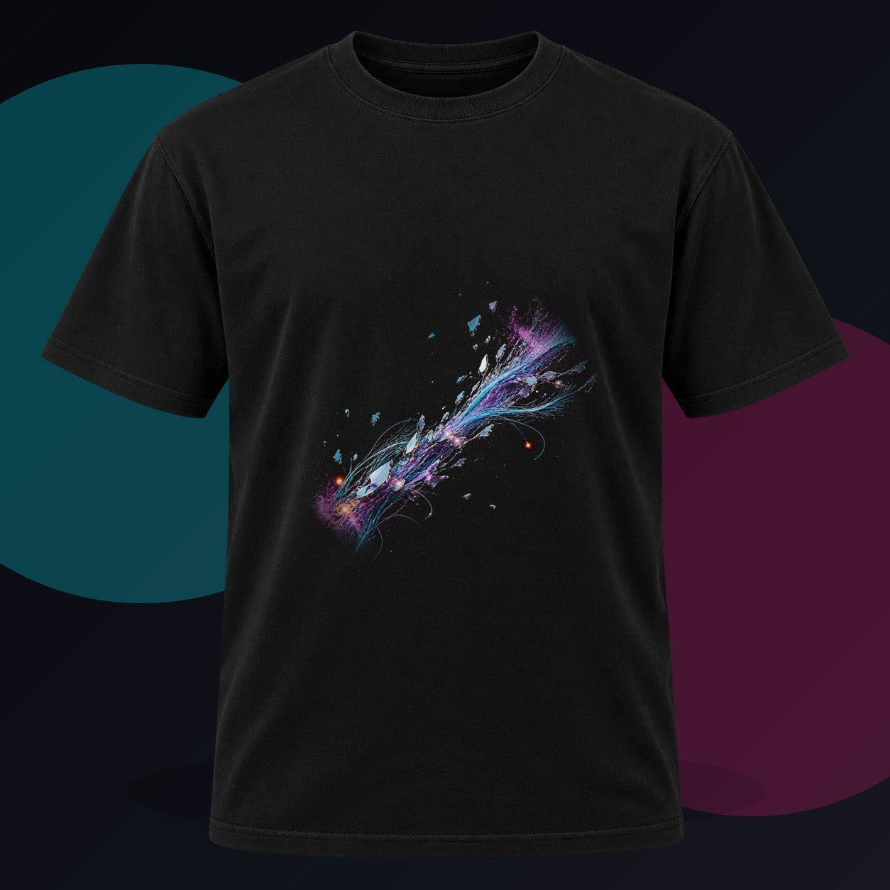 Celestial Cable Bloom original KOSVYRE design on a black graphic tee against a graphite studio background